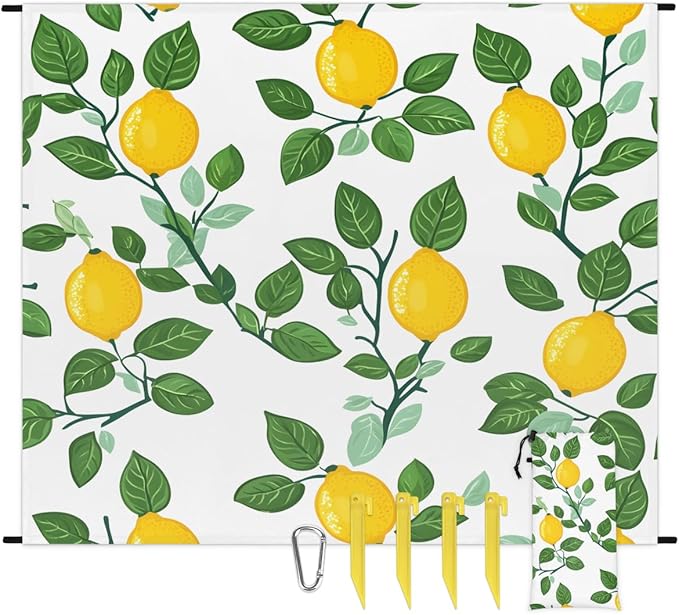 Waterproof Sandproof Beach Blanket 59''×68'' Fruiting Branches Polyester Outdoor Picnic Blanket with 4 Stakes &amp Storage Bag for BeachCampingVacation White