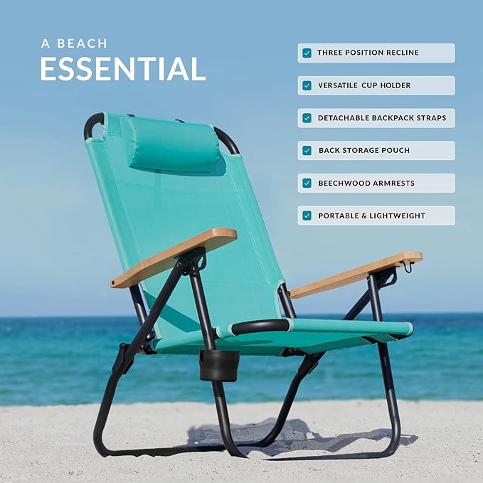 Water Buffalo Bondi Beach Chair – Backpack Beach Chair for Adults with Reclining Positions Cup Holder &amp High Back Support