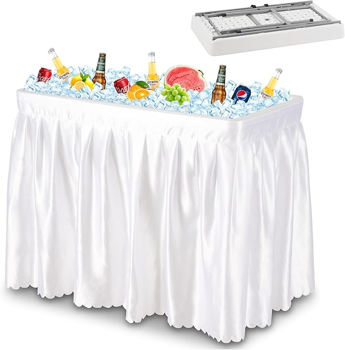 Dragosum Outdoor Cooler Table with Drain Folding Ice Cooler Table with Removable Matching Skirt Portable Table Coolers 4 Foot for Party BBQ Camping Wedding