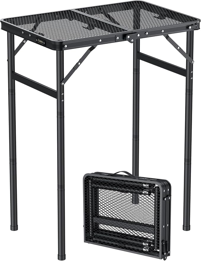 Anbte 2ft Folding Grill Table Max 29.5 3 Adjustable Height Lightweight Camping Table with Heat-Resistant Mesh Tabletop Portable Handle Waterproof for Cooking BBQ Outdoor 22.8 X 16 Black
