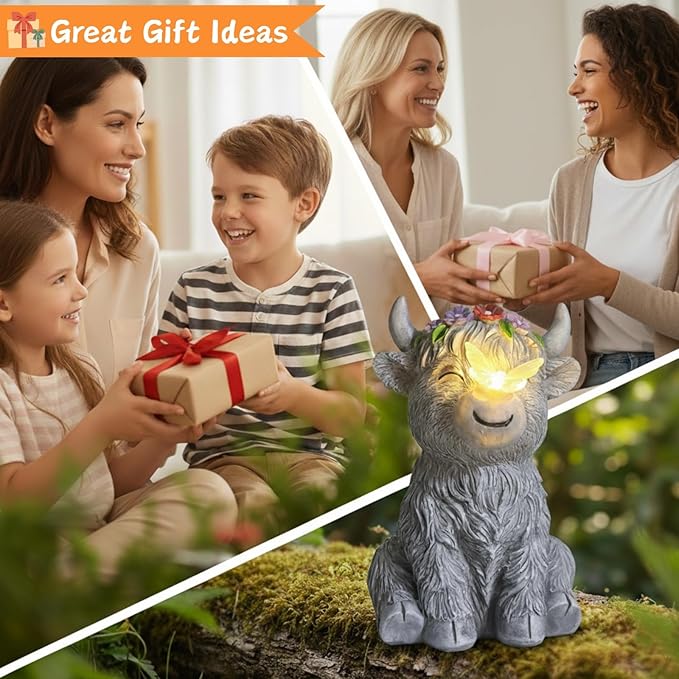 Solar Highland Cow Garden Statue with Glowing Butterfly Outdoor Highland Cow Decorations for Patio Yard Lawn Ornaments Gifts for Mom/Grandma Birthday Housewarming