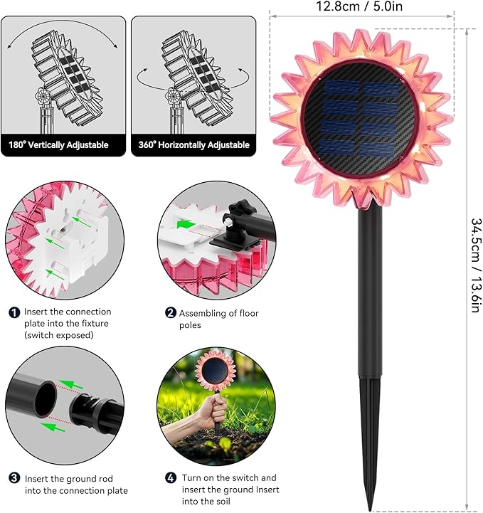 Outdoor Solar Lights 6 Pack Led Solar Sunflower Lights Stake/Wall 2-in-1 Waterproof Solar Garden Lights for Yard Landscape Fence Patio Driveway Pathway Backyard Decoration (Warm White)