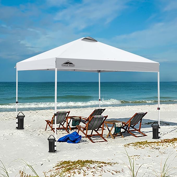 EAGLE PEAK Pop Up Canopy Tent with Wheeled Carry Bag 8 Stakes 4 Ropes 4 Weight Bags Easy Set Up Tent Canopy 10x10 ft 100sqft of Shade White