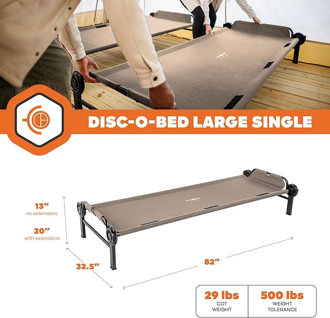 Disc-O-Bed Large Outdoor Modular 1 Person Single Camping Cot Portable Bed for Adults Sleep Solution for Tents Tan