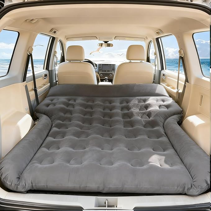 Car Air Mattress - Inflatable Camping Bed Full Size SUV Trunk Mattress Foldable Universal Car airBed Flocking Sleeping Mat for Roadtrip Travel Outdoor Tent Home (Fuzz Grey)