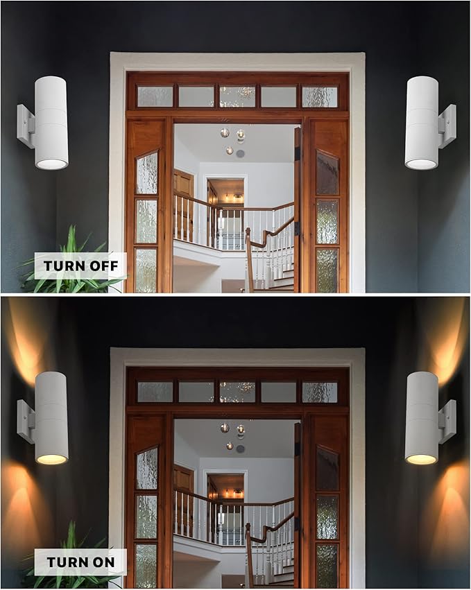 Ken &amp Ricky White Outdoor Wall LightsExterior Sconces Wall Lighting with Tempered Glass CoverCylinder Outside Light for House Porch Garage Front Door - 2 Pack