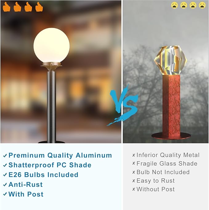 Lightdot 23'' Globe Outdoor Lamp Post Light IP65 Waterproof Street Yard Lamp Post for Outside Black Pole Outdoor Post Light Fixtures for Garden Patio Driveway(E26 LED Bulb Included)-2Pack