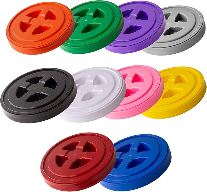 Smart Seal Replacement Lid - 10 Pk Multi Color - Easy Screw On Container Lid for 3.556 &amp 7 Gallon Buckets - Food Grade Industrial Storage Wood Pellets Cat &amp Dog Food More