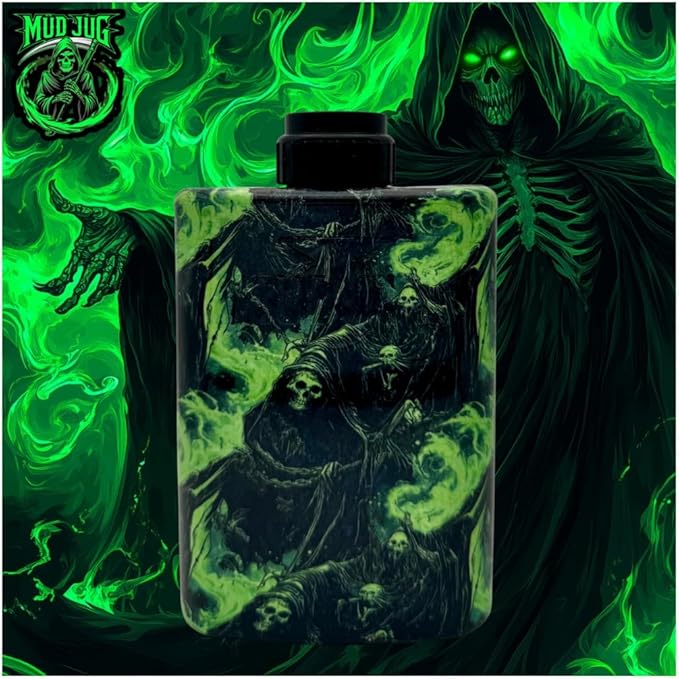 Mudjug Soul Flame Shroud Stealth Travel Spittoon - Portable Spit Jug with Green Reaper Design Spill-Resistant Deep Funnel Fits in Pocket Durable and Leak-Proof for On-the-Go Use