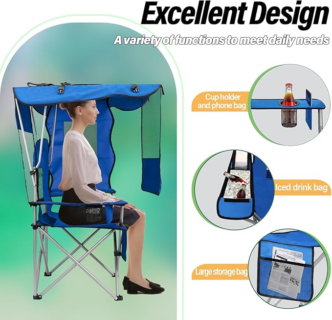 BDL Camping Chair with Canopy Shade Portable Foldable Canopy Chair with Cooler Mesh Backrest Cup Holder and Pocket for Camping Fishing Beach and SportsSky-Blue