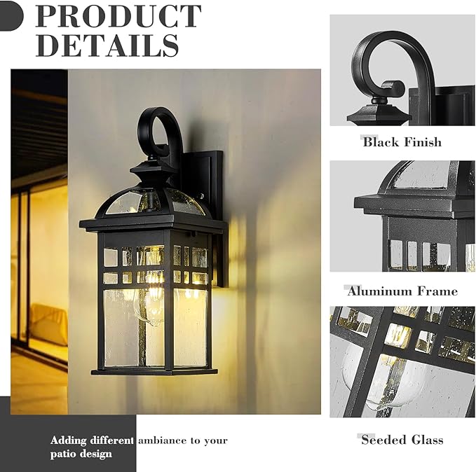 Emliviar 2 Pack Outdoor Light Fixtures Wall Mount 15 Modern Outdoor Sconce Lights for House Black Finish with Seeded Glass DE281-2PK BK