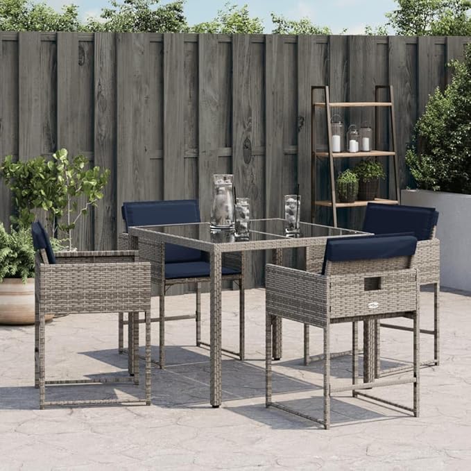 4-Piece Gray Poly Rattan Patio Chairs with Navy Blue Cushions Outdoor Furniture Set with Foldable Backrest Weather-Resistant PE Wicker &amp Steel Frame for Poolside Garden Backyard