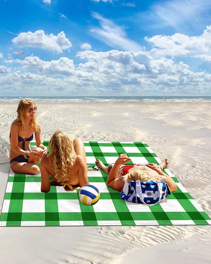 Beach Blanket Waterproof Sandproof OversizedSt Patrick's Day Green Stripe Lattice Beach Mat with Corner Stakes Sand PocketsClassic Buffalo Checker on White Outdoor Picnic Mat for Travel 83x79In
