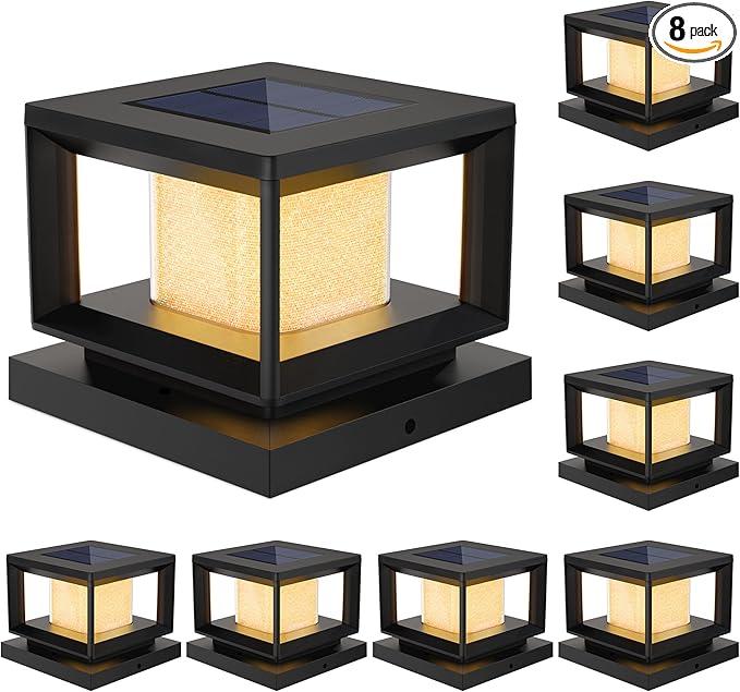 Mlambert 8 Pack Solar Post Lights Outdoor Waterproof Fence Cap for Deck 4x4 6x6 Wooden Vinyl Outdoor Lights with Shinning Effect Black