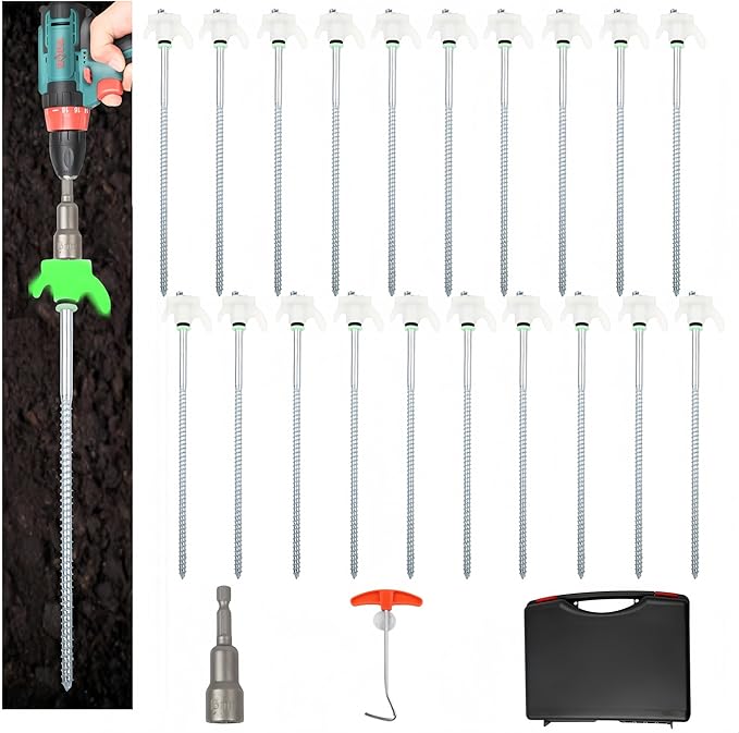 20 Pack 10 Screw in Tent Stakes Heavy Duty Glow in The Dark Metal Stakes with Hex Head Driver Ground Anchors for Camping Patio Awning Canopy and Windy Conditions