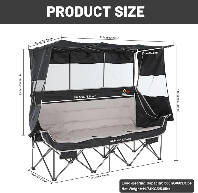 Nice C Heated 3 Person Camping Chair with Canopy Heated Double Camping Chairs with Battery Portable Oversized Padded Sports Umbrella Chair with Shade Cup Holder Cooler Bag for Lawn Outdoors