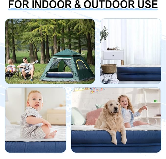 Queen Air Mattress with Built-in Rechargeable Pump 18 Raised Inflatable Bed for Camping &amp Guest 3-Min Fast Inflation Velvet Top Thickened Durable Waterproof Fabric(Blue)