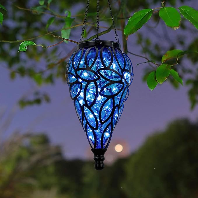 SUNNYPARK Outdoor Plastic Solar Hanging Lantern 15 Cool White LEDs Twinkle Effect Tear-Shaped Hanging Lantern Decor Garden Decorative Solar Lights for Backyard Patio and Lawn