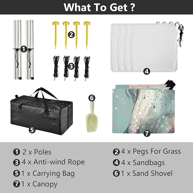 Grey Horse with Floral Beach Tent Sun Shelter 9.2' x 10.5' Beach Canopy with 4 Sandbags 4 Stability Poles Sand Shovels - Tent Canopy for Beach Camping Fishing Picnics