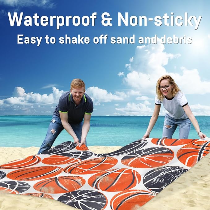 Waterproof Sandproof Beach Blanket 59''×68'' Basketball Polyester Outdoor Picnic Blanket with 4 Stakes &amp Storage Bag for BeachCampingVacation Orange