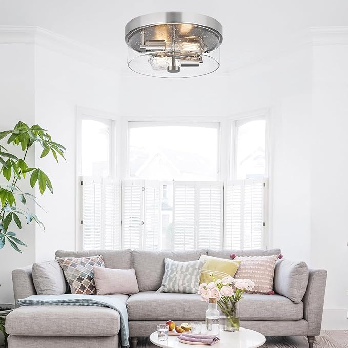 Flush Mount Ceiling Light Fixtures 2-Light 12 Inch Brushed Nickel Close to Ceiling Light Fixtures with Seeded Glass Shade Ceiling Light Fixture for Porch Hallway Bathroom Dining Room and Foyer
