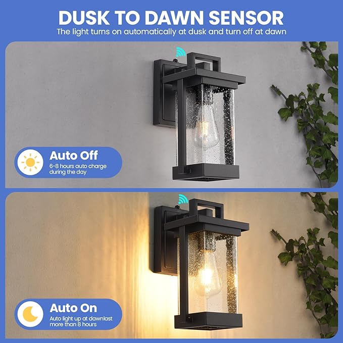 Outdoor Wall Lights Black Exterior Lighting Fixtures Waterproof Outdoor Wall Sconce with Seeded Glass Modern Dusk to Dawn Outdoor Light Fixtures Wall Mount for Porch Garage Patio 2-Pack
