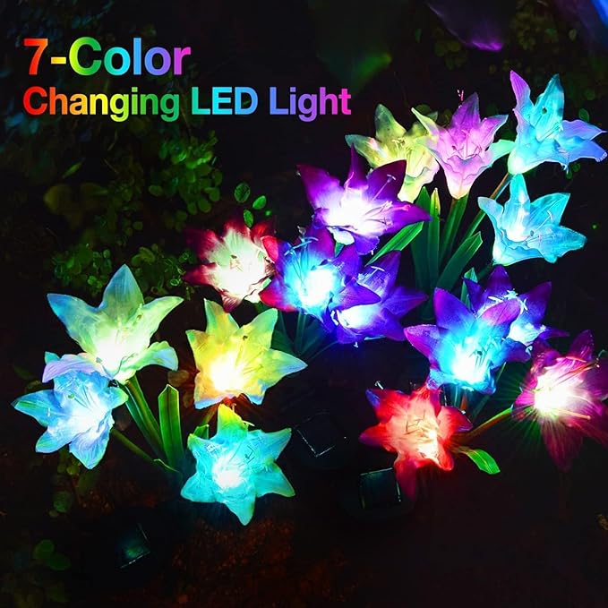 KOOPER Outdoor Solar Lights 6 Pack Solar Garden Light with Bigger Lily Flowers Waterproof 7 Color Changing Solar Lights Outdoor - Bigger Panel for Patio Yard Garden Decoration Gift for Mom