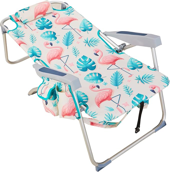 63 * 70 * 99cm Heightened Oxford Cloth Silver White Aluminum Tube Bearing 100kg Beach Chair Flamingo