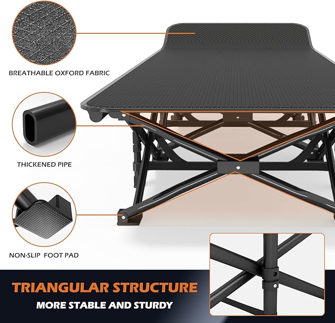 ATORPOK Camping Cot for Adults with Cushion Comfortable Portable Folding Bed for Sleeping Lightweight Folding Bed with Carry Bag for Kids Supports 450 lbs (Black)