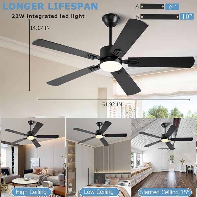 52 inch Modern Ceiling Fans with Lights APP/Remote Control Low Profile Reversible 6 Speeds Ceiling Fan Light for Indoor/Outdoor Patio Bedroom Living RoomBlack