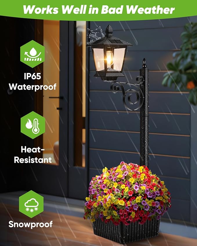 2 in 1 Outdoor Flower Pots 35” Solar Lamp Post Light with Planter Metal Pole &amp IP65 Waterproof Freestanding Outdoor Planters Decorative Solar Lamp for Outside Front Door Yard 1-Pack