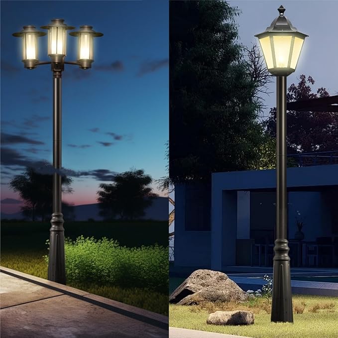 10FT Outdoor Lamp Post Split Street Light Pole with Top Globe &amp Ground Cage Lighting Post Fixtures for Pathway Courtyard Parking Lot Fits Standard 3 Post Top Fixtures (10FT 275+76mm)