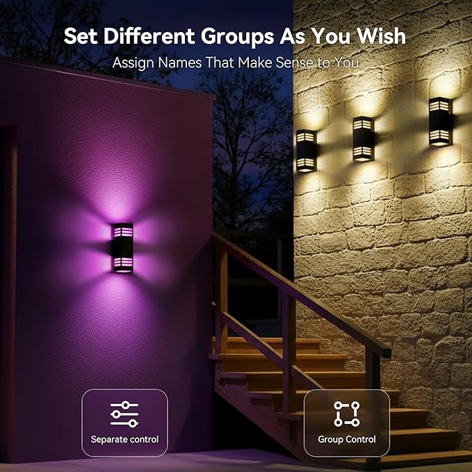 Outdoor Wall Lights 4 Pack RGBCW Smart Porch Lights with Various Scene Modes Waterproof Dimmable Up and Down Lights Outdoor DIY Lighting Effects Compatible with Alexa Google Assistant