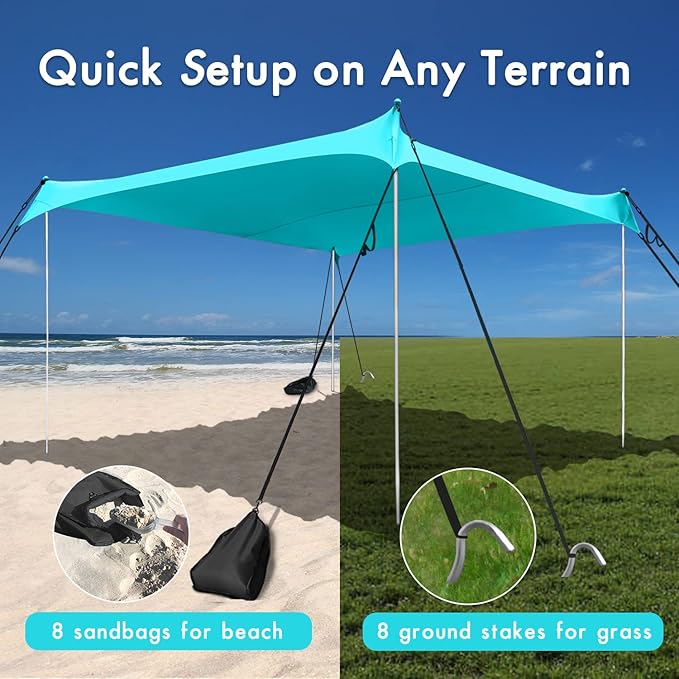 Beach Shade Windproof Design Sun Shelter UPF50+ Portable Family Canopy Tent with 8 Sandbag Anchors 10x10 FT 4 Poles Pop Up Outdoor Shelter for Beach Camping Fishing Backyard and Picnics