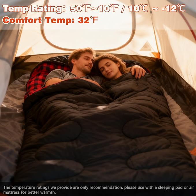 0 Degree Double Sleeping Bag for Adults Queen Size 2 Person Sleeping Bag for Cold Weather with Compression Sack for Car Camping Hunting and Tent Camp