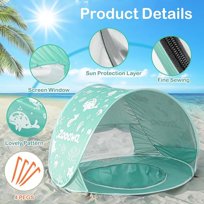 Zooawa Baby Beach Tent Pop Up Beach Tent Sun Shade for Beach Portable Shade Pool UV Protection Sun Shelter for Infant with Beach Sand Toys Set