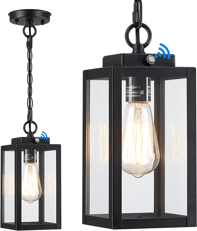 11'' Dusk to Dawn Outdoor Pendant Light Modern Outside Chandelier Outdoor Hanging Lantern Light Matte Black with Clear Glass Exterior Pendant Lighting Fixture for Porch Yard Gazebo 1Pack (Small)
