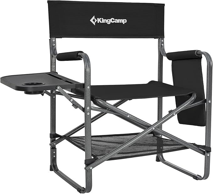 KingCamp Directors Chair with Side Table Folding Camping Chairs for Adults with Storage Pockets Breathable for Outside Camping Lawn Picnic Beach &amp Fishing (Black)