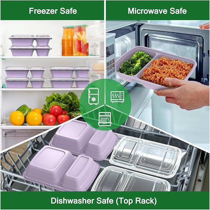 50 Pack (100-Piece) 28 oz Meal Prep Containers Reusable with Lids 2-Compartment Sturdy Leakproof Food Safe Microwave Freezer Dishwasher Safe To Go Take Out Plastic Food Storage Lilac