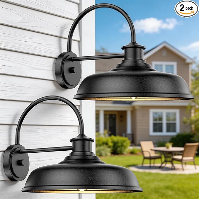Large Farmhouse Exterior Barn Light 14 inch Black Industrial Gooseneck Outdoor Wall Mount Lighting Fixture with E26 Socket Waterproof Exterior Light Fixture for House Yard Doorway 2-Pack
