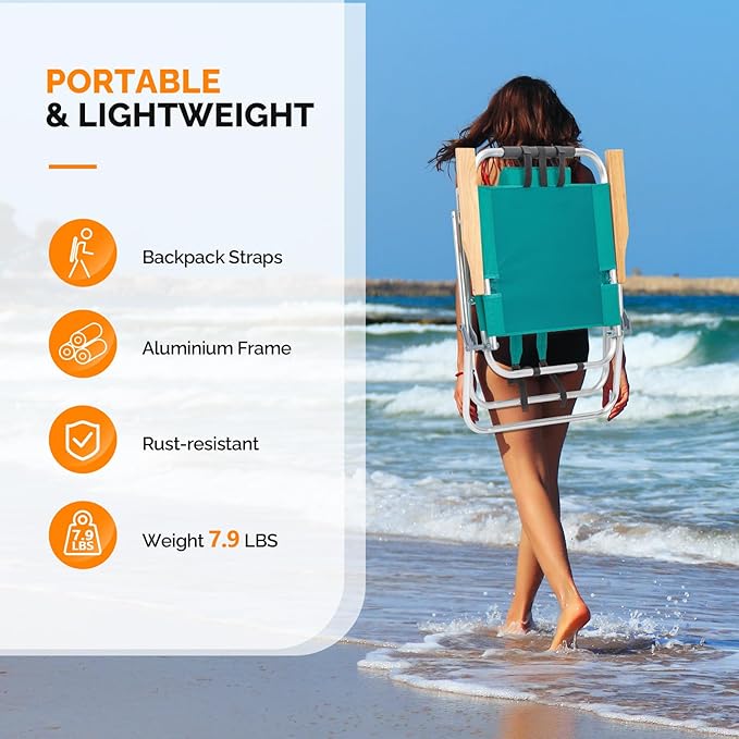 Bonnlo Lightweught 17 Backpack Beach Chair Tall Beach Chairs for Adults Portable with Adjustable Straps 3-Position Reclining Cup Holder High Beach Chairs for Beach