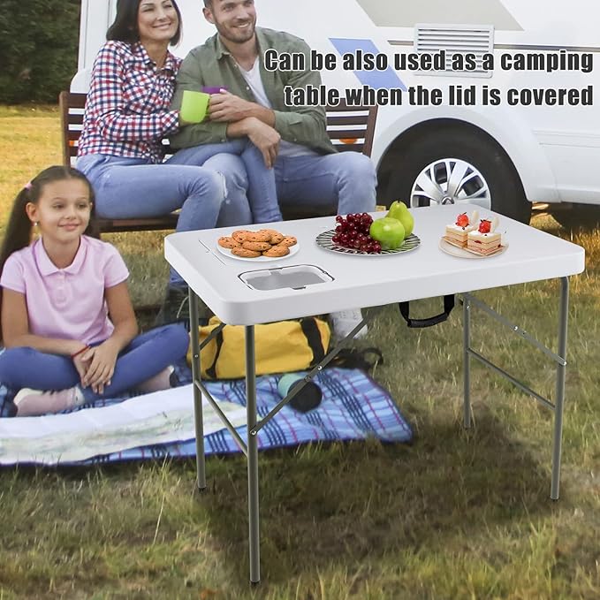 LDAILY Moccha Fish Cleaning Table Folding Fillet Table with 2 Built-in Sinks &amp 360° Rotatable Faucet Portable Outdoor Picnic Table with Stainless Steel Water Inlet Pipe for Camping Fishing BBQ