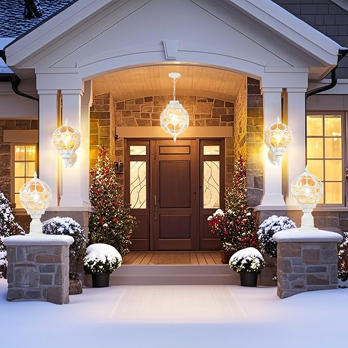 2 Pack Outdoor Globe Lamp Post Light Fixtures 13.4 White Sphere Post Top Lantern for Patio Porch Driveway Hardwired Anti-Rust Aluminum Pillar Light with Amber Glass Fits Standard 3 Post