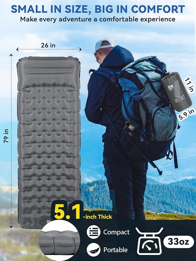 Camping Sleeping Pad Ultra-Thick 5.1 Camping Mat with Pillow Built-in Foot Pump Inflatable Sleeping Pads Compact for Camping Backpacking Hiking