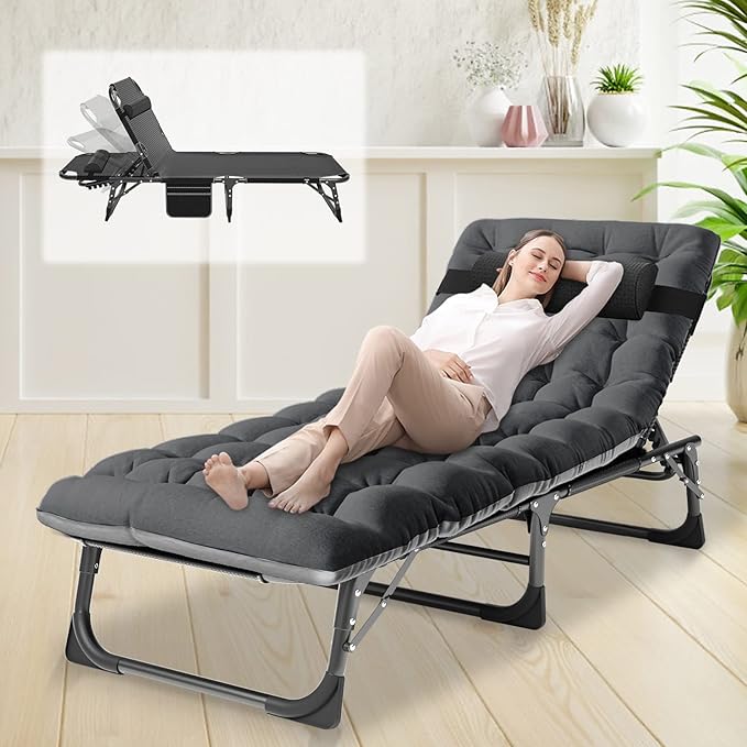 NAIZEA Folding Camping CotsAdjustable 4-Gear Sleeping Cots for AdultsFoldable Cot Bed Folding Chaise Lounge ChairPortable Reclining Chair for Beach Lawn Camping PoolSunbathing Chairs