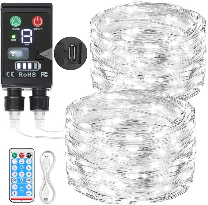 Lakumu 2-in-1 Fairy Lights Battery Operated 200 LED String Lights with Remote &amp Timer 66FT(2×33) Twinkle Lights for Bedroom Waterproof Indoor Outdoor Camping Christmas Decorations Cool White
