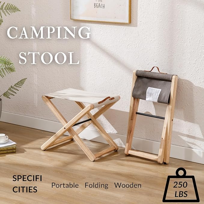 Folding Canvas Camp Stools Set of 6 Wood Folding Camping Stool Patio Portable Foot Stool for Garden Outdoor Fishing Picnic Travel BBQ Grey