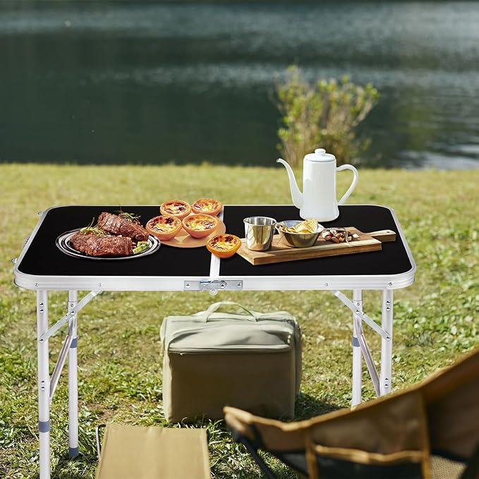 3ft Small Folding Camping Table Portable Lightweight Fold Up Utility Side Tables with Carrying Handle Outdoor Aluminum Fold in Half Dining Card Table for Picnic Party Events (Black)