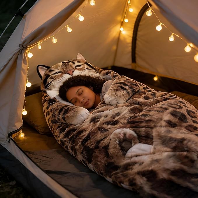 Fluffy Cat Sleeping Bag for Adults Soft Cozy Plush Cat Print Envelope Sleeping Bag for Human 68.89 inch Washable Warm Blanket for Camping Travel and Sleepovers Home
