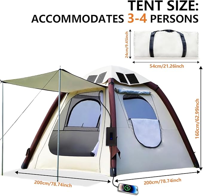 Automatic Inflatable Tents for Camping 4 Person with Solar Panel Easy Set Up Pop Up Tents for Camping with 2-3 Min Family Tents for Camping Windproof Waterproof Blow Up Tents for Traveling